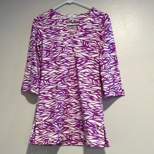 Jude Connally Purple and White Zebra Striped Tunic Top Size XS Beachy Mature